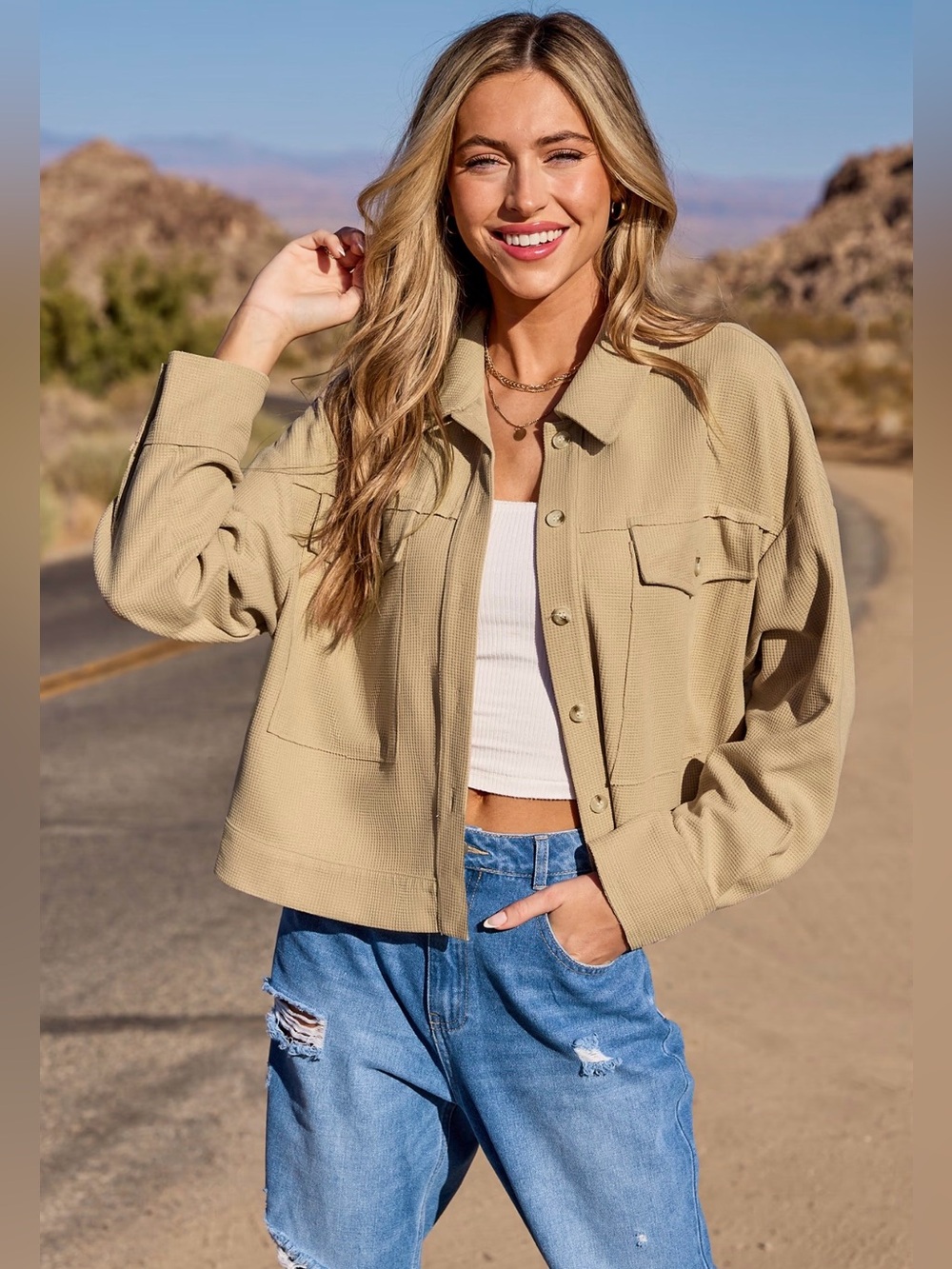 Cupshe • Women Woven Khaki Waffle Collared Button-Up Jacket Large NWT